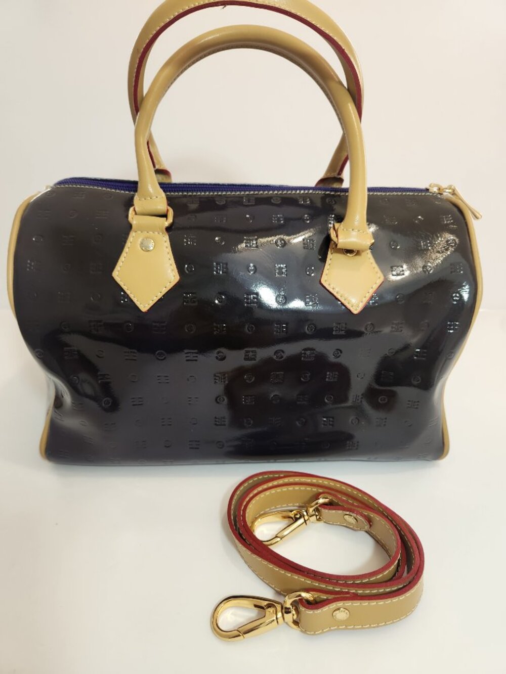 Arcadia Italy Plum Patent Leather Monogram Speedy Satchel Bag w/ Strap
